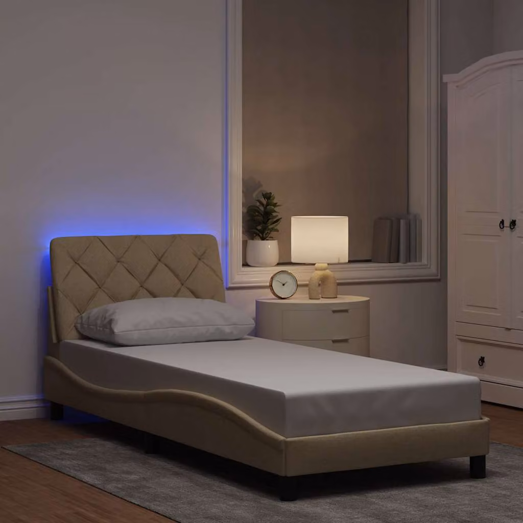 vidaXL Giroletto con LED e porta USB in tessuto beige senza materasso L/P: 90 x 190 cm