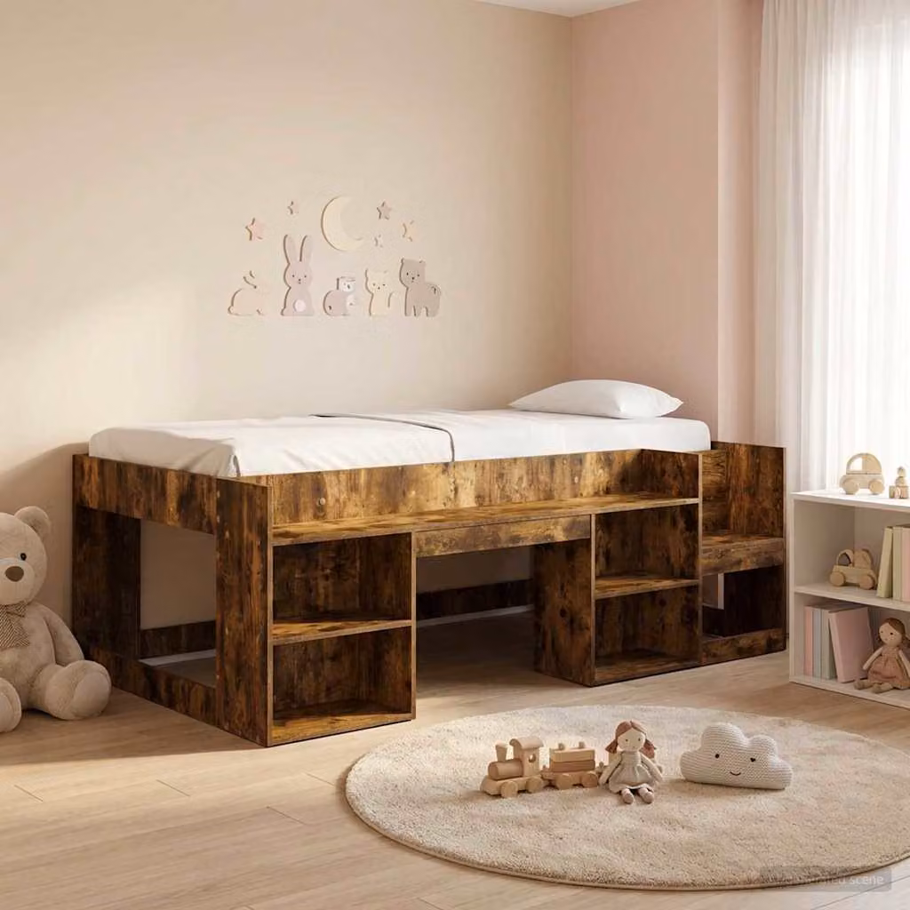 Letto singolo rialzato per bambini vidaXL con ripostiglio e scale, colore marrone, L: 193,5 cm, P: 120,0 cm, H: 103,5 cm