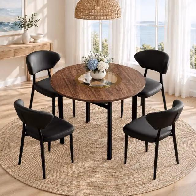 Set da pranzo moderno MIVRAY con tavolo rotondo in vetro e MDF e 4 sedie in PU nero e marrone per cucina e sala da pranzo