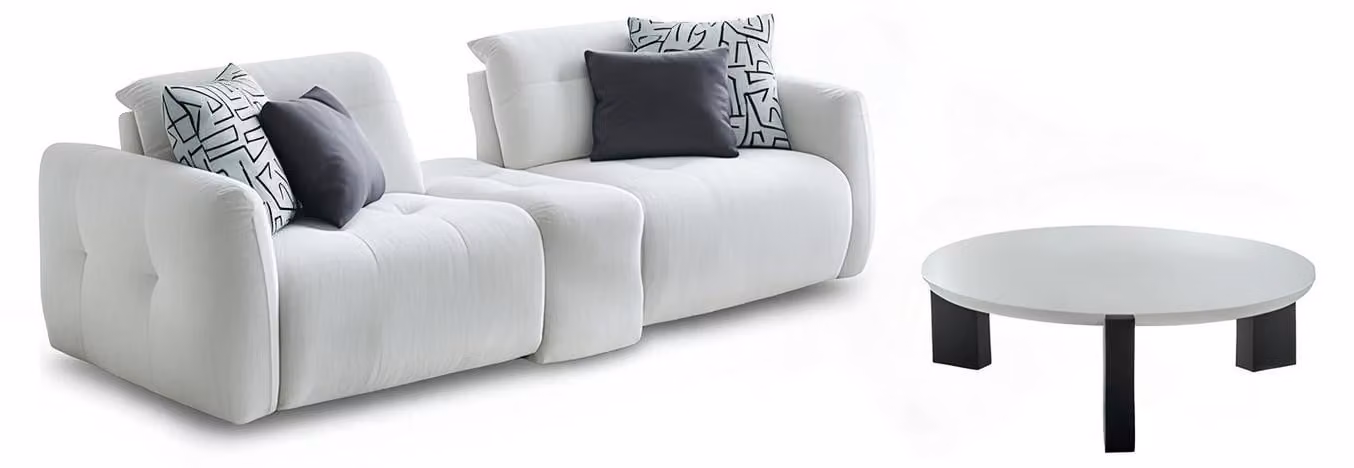 Set da salotto: divano e tavolino da caffè, colore bianco, stile moderno, struttura in legno, nuovo