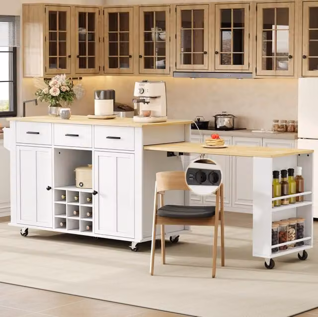 Isola da cucina mobile moderna con piano estraibile, cassetti e prese, finitura opaca bianco e beige, L: 136 cm, P: 50 cm, H: 93 cm – 1