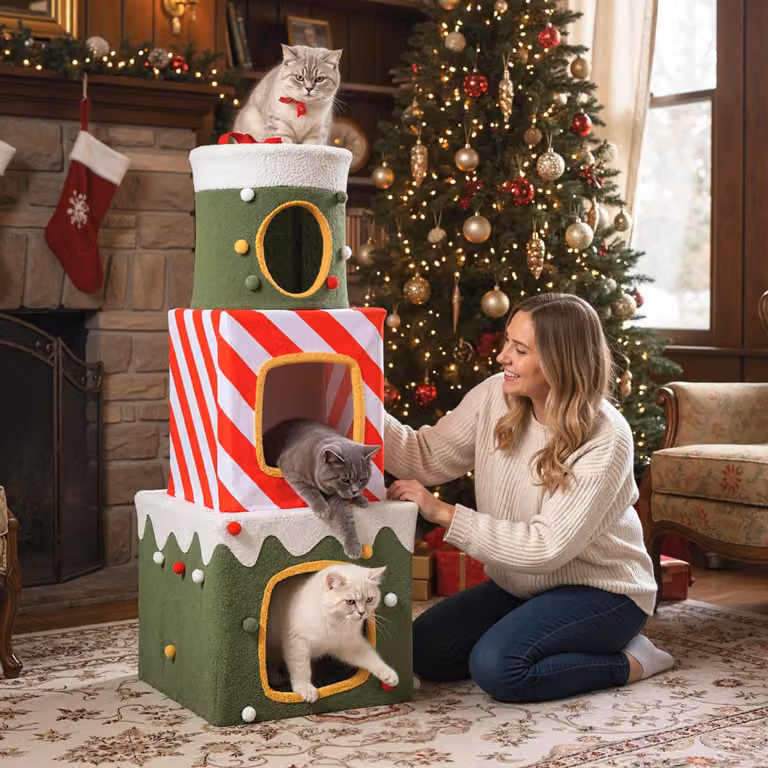 Albero di Natale per gatti Costway Verde con 3 condomini, caverne nascoste e giocattoli integrati, Altezza: 120 cm