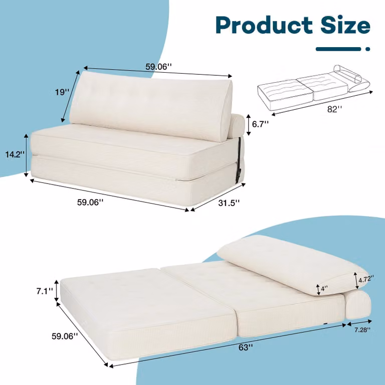 Divano letto matrimoniale multifunzionale - Divano da pavimento pieghevole - Materasso pieghevole - Schienale - Con cuscini - Tessuto di canapa, colore bianco