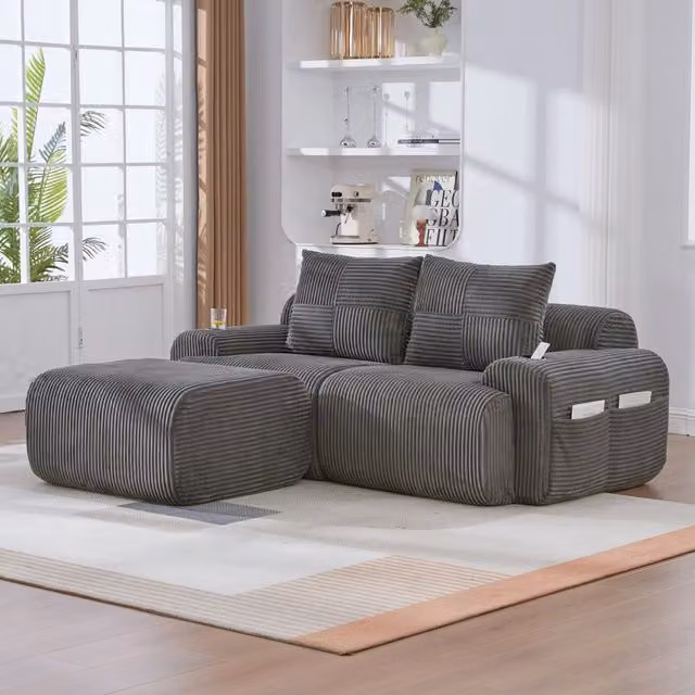 Divano modulare 2 posti 200x174x80 cm componibile con portabicchieri e tasca laterale in velluto a coste grigio scuro