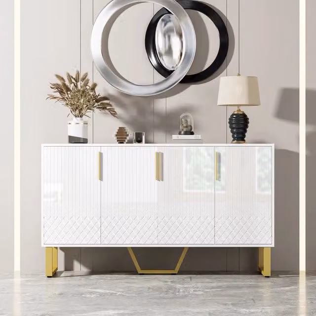 Credenza Zephmum con specchio e design geometrico moderno, 4 porte, bianco, L: 140 cm, P: 40 cm, H: 80 cm