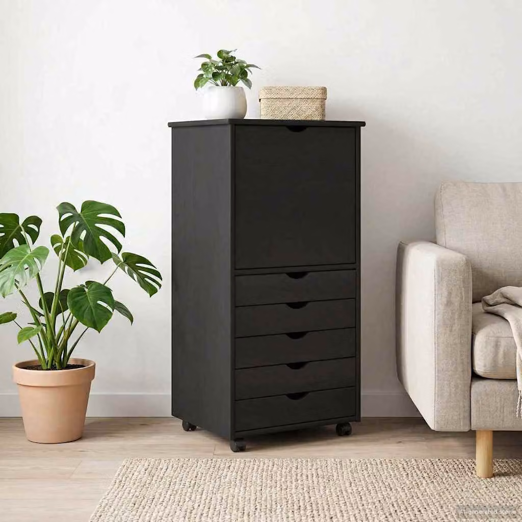 Carrello mobile con ruote vidaXL in legno di pino massello nero L/P/H: 53 x 39 x 103 cm