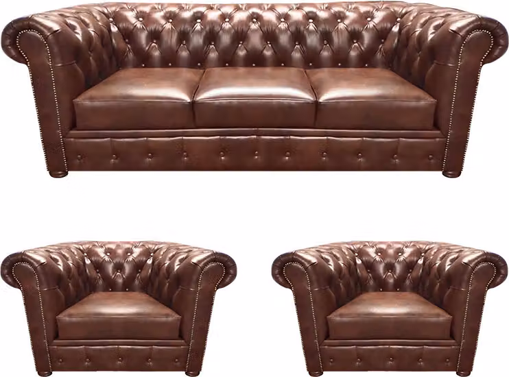 Braun Luxus Sofa Set 3tlg Wohnzimmer Polstermöbel Leder Sitz Chesterfield