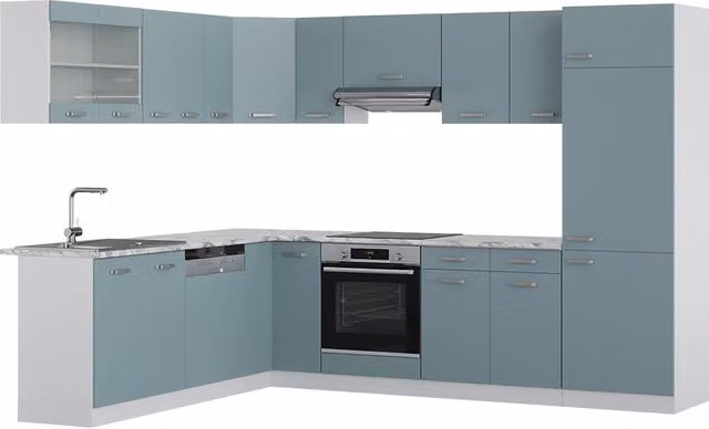 Cucina angolare moderna Vicco R-Line in legno e metallo, colori Grigio-blu e Bianco, L: 287 cm x P: 227 cm – 1