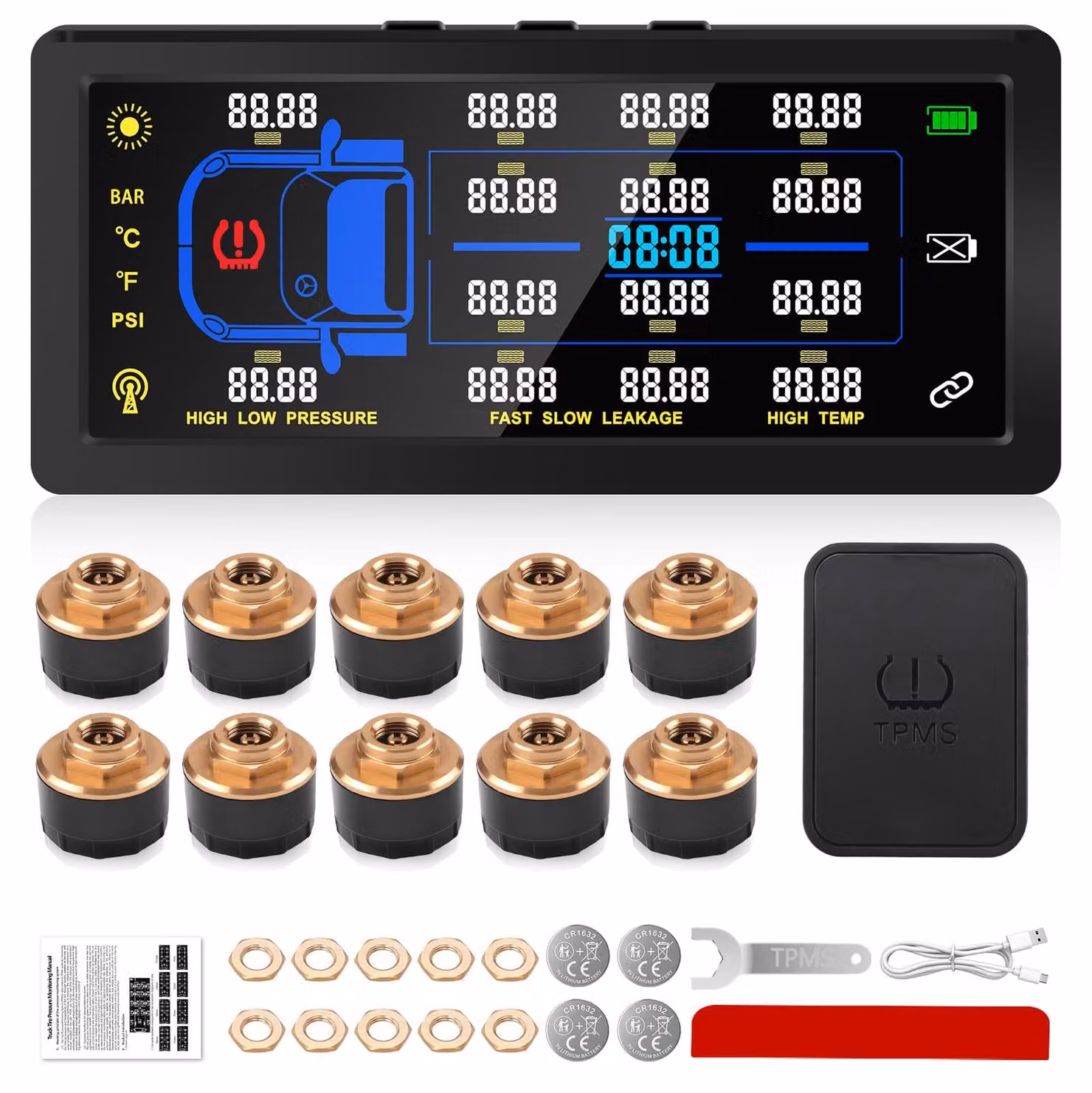 Misuratore di pressione pneumatici TPMS - Monitoraggio in tempo reale per 10 ruote - Display a colori da 7 pollici - Misuratore digitale - Adatto per camion e caravan