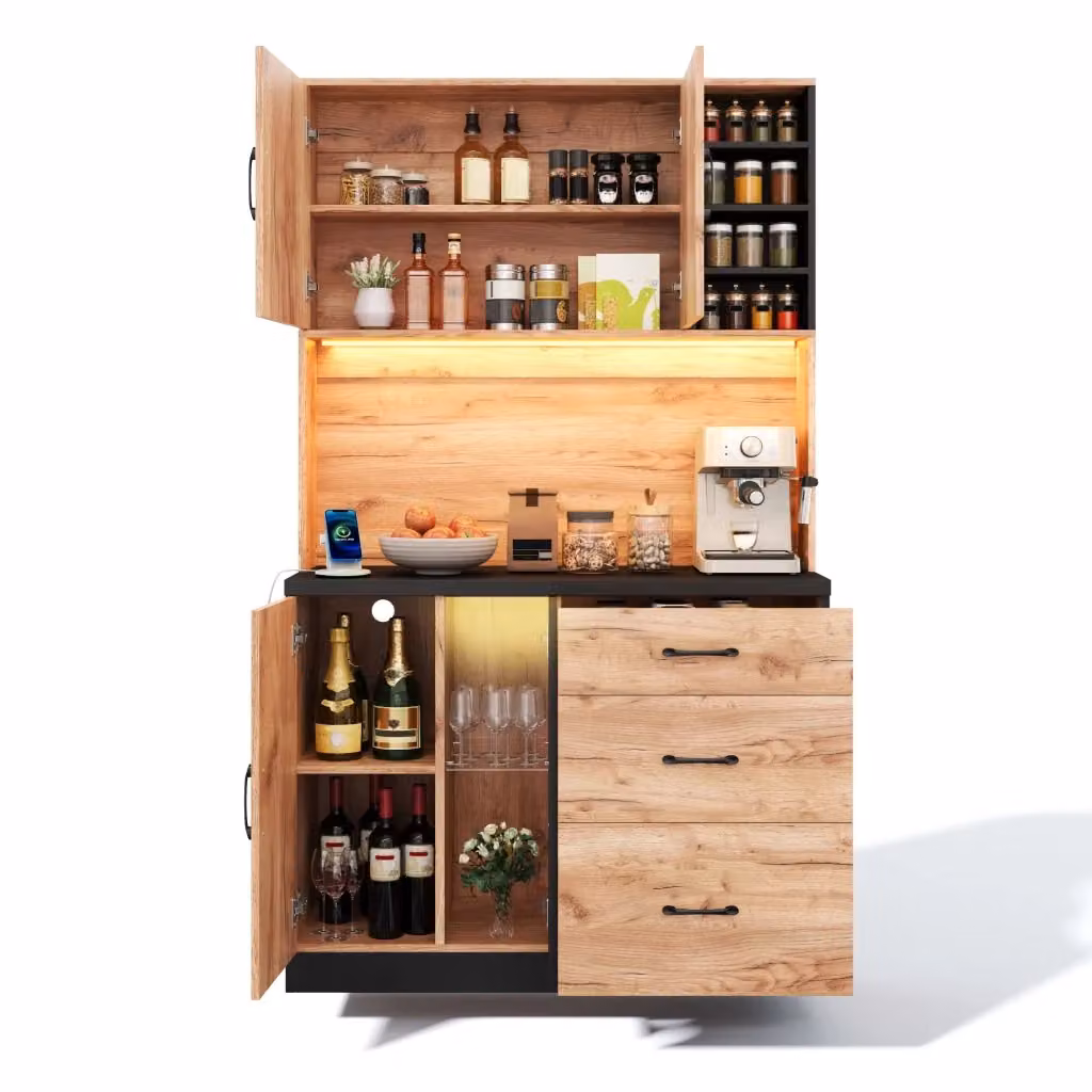 Colonna cucina moderna con 3 cassetti, 2 ante con vetrina e illuminazione LED in MDF nero e legno – 2