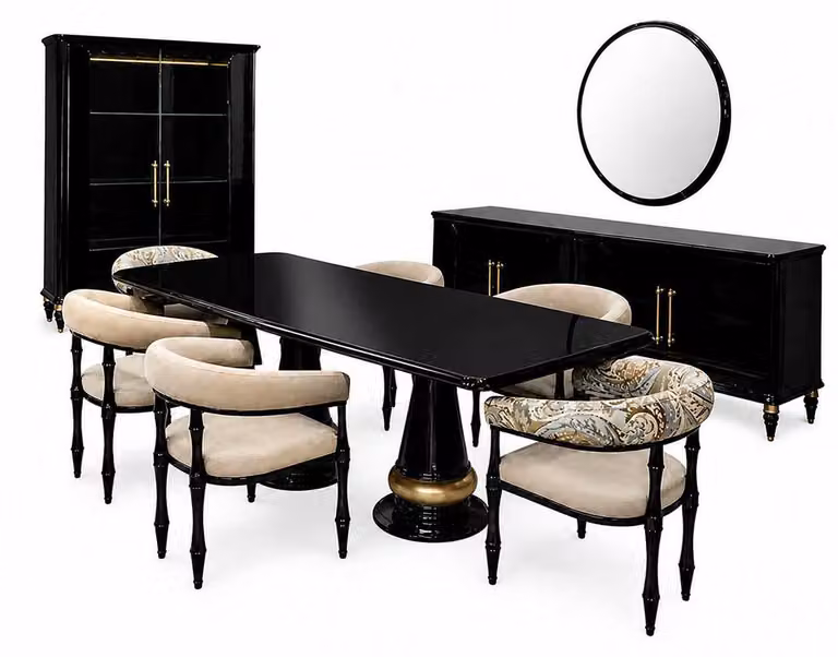 Set completo per sala da pranzo: tavolo, 6 sedie, mobiletto contenitore, tutto in legno. Set