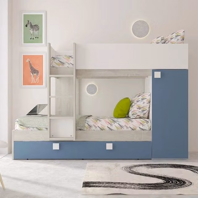 Letto a castello per bambini con letto estraibile e scala, bianco e azzurro, H: 243.6 cm, L: 160.7 cm, P: 110.0 cm – 1