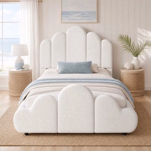 Letto singolo REDOM in bouclé beige con testiera imbottita L/P/H: 90 x 200 cm