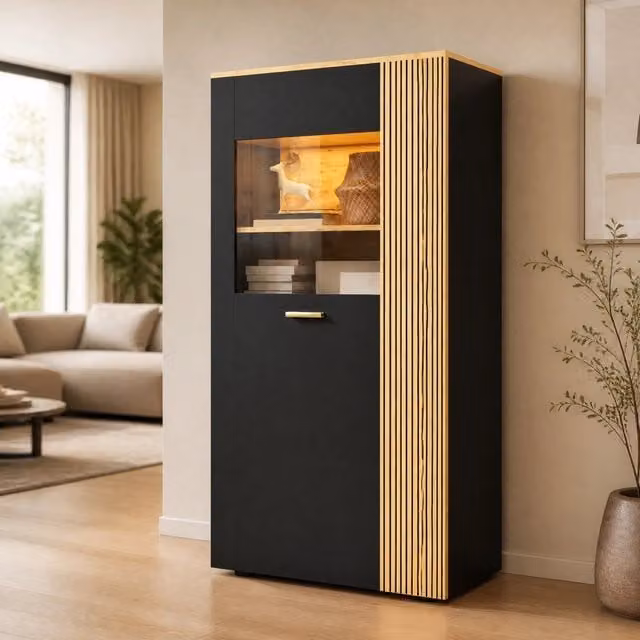 Armadio moderno in truciolato con luci LED a 16 colori, 3 ripiani fissi e 2 regolabili, gestione cavi, colore legno e nero, dimensioni 80x40x146 cm