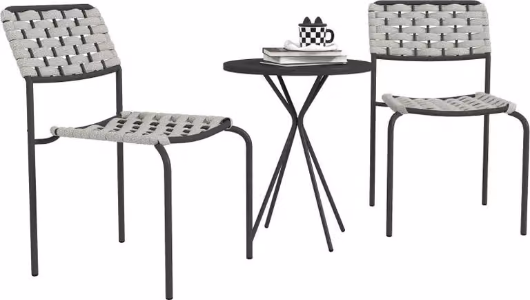 Set di mobili da giardino in polyrattan Sweiko, salottino per 2 persone, 2 sedie impilabili + tavolo, cuscini inclusi, resistente alle intemperie, grigio