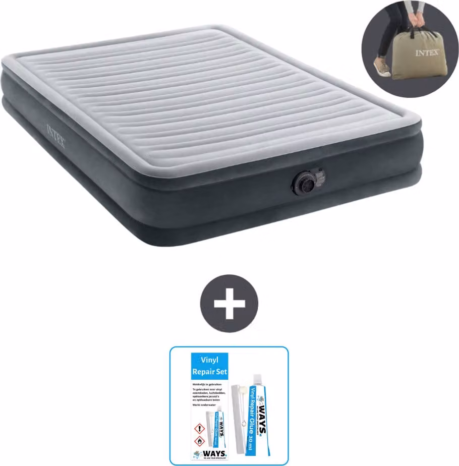 Intex Airbed - 2 persone - 152 x 203 x 33 cm - Grigio - Pompa inclusa - Kit di riparazione
