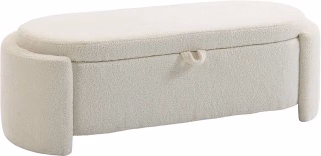 Pouf con contenitore ovale Minimal in tessuto bouclé color crema L: 129 cm, P: 48.5 cm, H: 44 cm