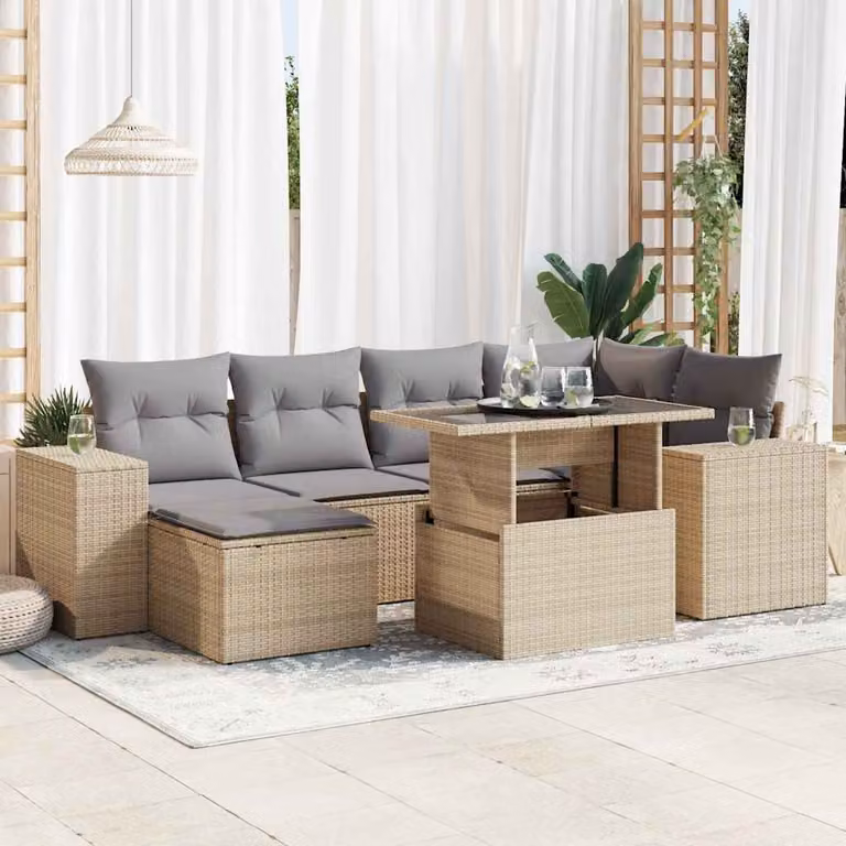 Set Divani da Giardino vidaXL 7 pz a Forma a L con Cuscini Beige e Grigio in Polyrattan e Metallo