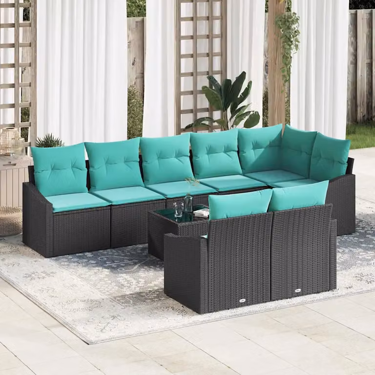 Set di divani da giardino vidaXL a forma di U composto da 9 pezzi in rattan con cuscini color turchese e nero e tavolino da esterno, struttura in acciaio verniciato a polvere resistente alle intemperie