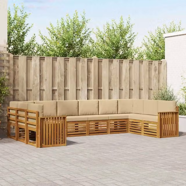 Set di divani da esterno a L vidaXL in legno di acacia con cuscini beige e naturale