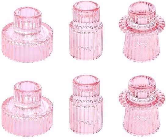 Set di 6 portacandele, portacandele in vetro con motivo a croce, portacandele reversibili per candeline e portacandele conici con candele in cristallo rosa per decorazioni nuziali