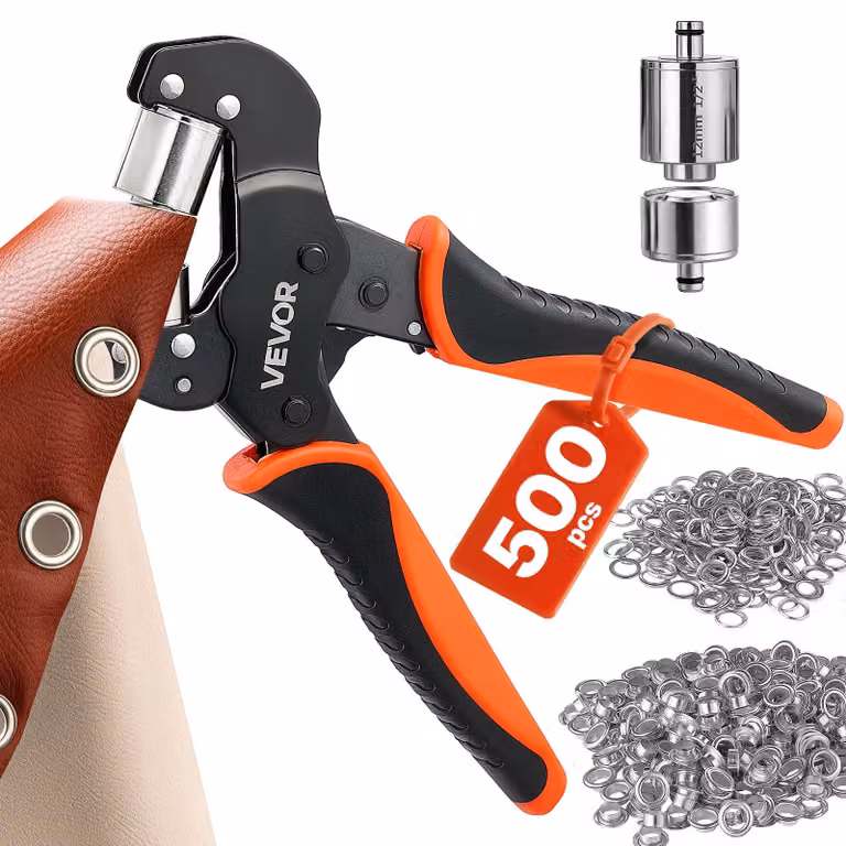 VEVOR Kit Occhiellatrice da 12 mm con 500 Occhielli Argentati e Rondelle, Pinza Manuale Perforatrice e Blocco, per Fai Da Te Stoffe Tessuti Pelle Teloni Scarpe Borse Artigianato e Prodotti Tessili
