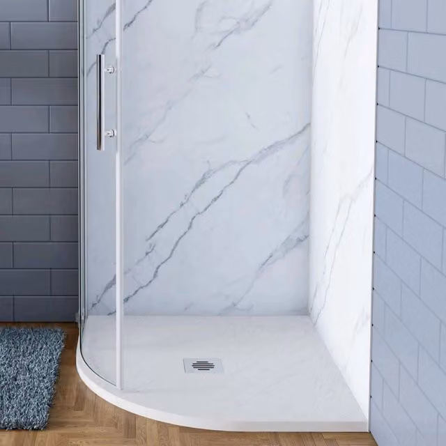 Piatto Doccia Semicircolare Aica Italy Bianco in Minerale e Mesina Mista con Effetto Ardesia Ruvido, L/P/H: 90 x 90 x 3 cm, con Piletta e Tubo inclusi – 1