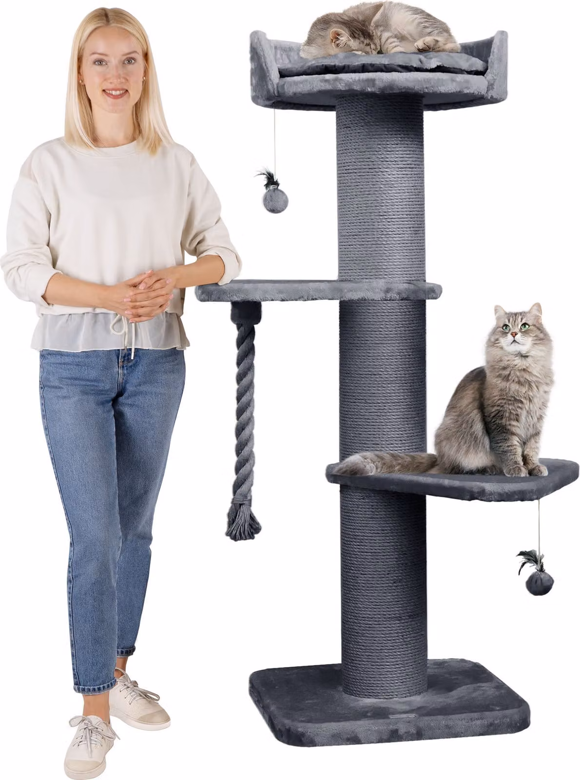 HAPPYPET Albero tiragraffi premium per gatti di grossa taglia "Freddy" – 150 cm Grande albero tiragraffi, albero per arrampicarsi per Maine Coon, sisal naturale, tronchi spessi 20 cm - Grigio