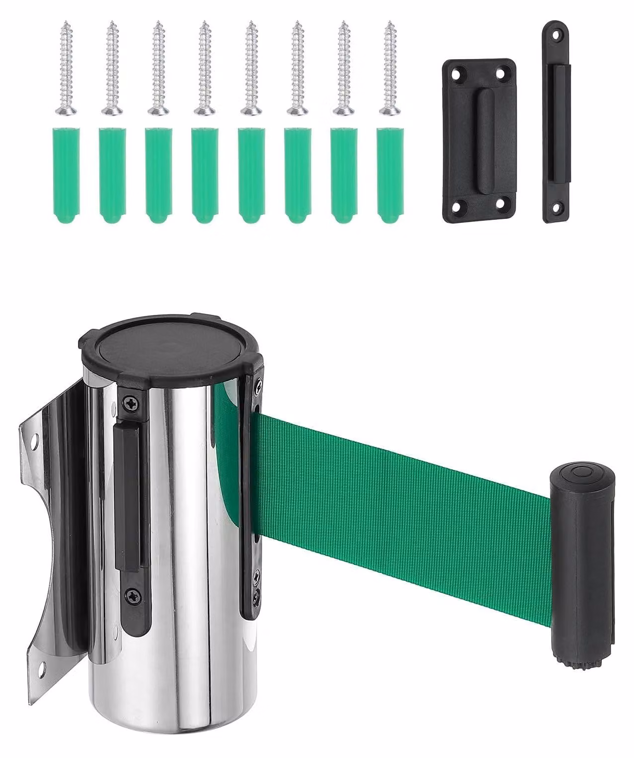 Barriera a nastro retrattile, lunghezza 9,84 metri, struttura in acciaio, colore argento/verde