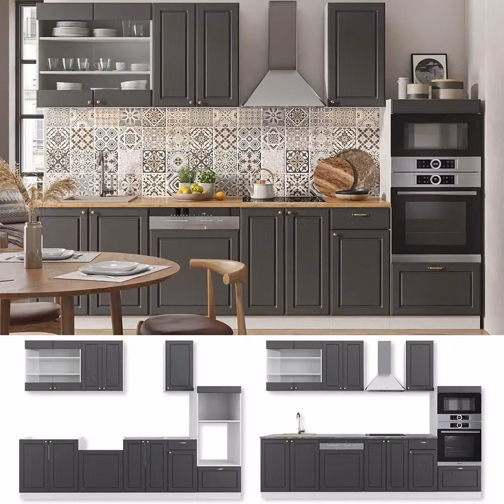 Cucina componibile moderna Fame-Line Vicco Antracite, Oro e Bianco con armadio alto, L: 300 cm – 2
