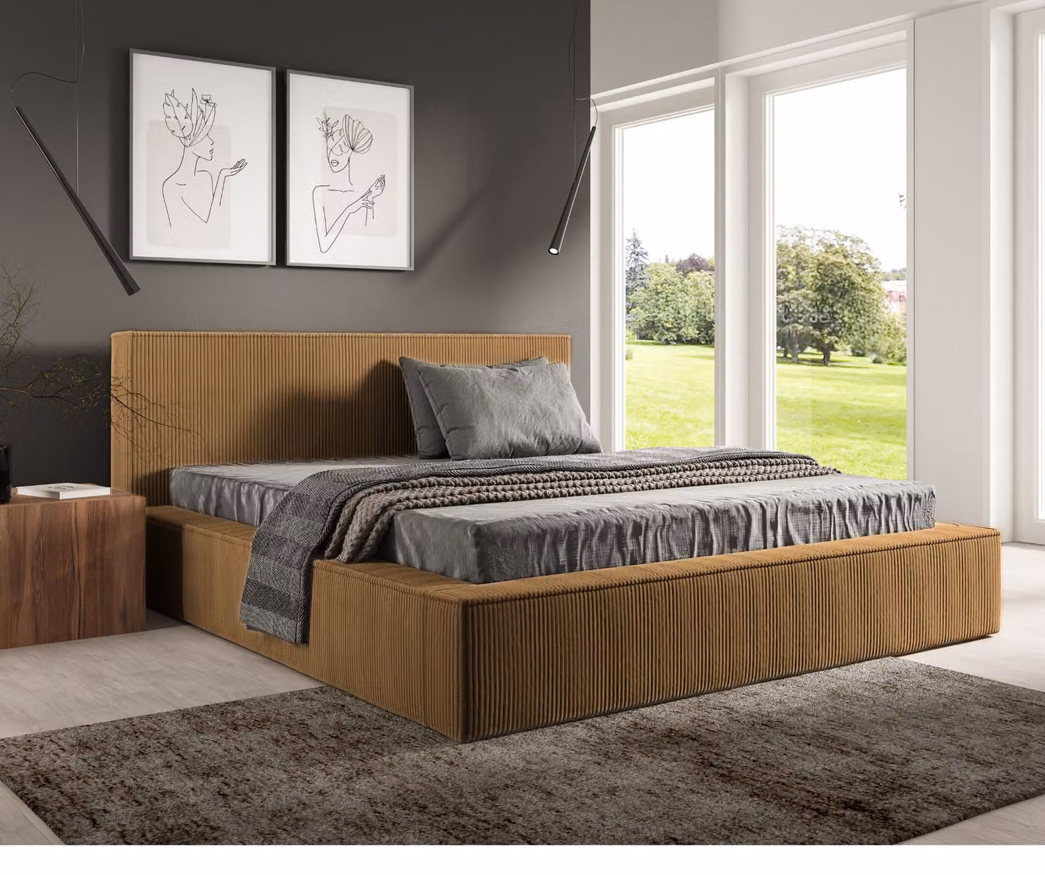 Letto imbottito Sofello Simple, forma moderna, colore senape, 160x200 cm, realizzato in tessuto di velluto a coste con base a doghe in legno con funzione sollevabile. Design moderno in colori di tendenza, con vano contenitore.