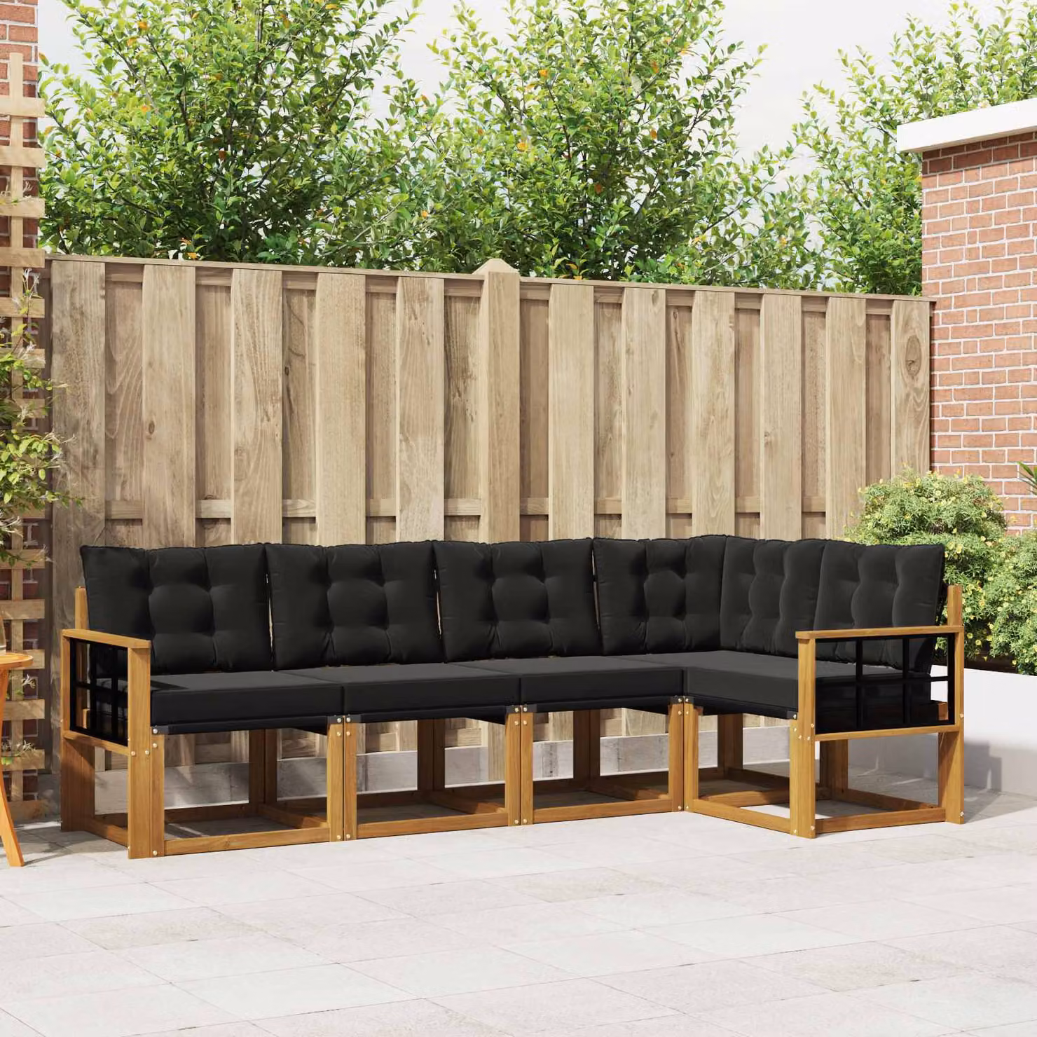 Set di divani da esterno vidaXL 5 pz a forma di L in legno di acacia con cuscini, colore marrone e nero