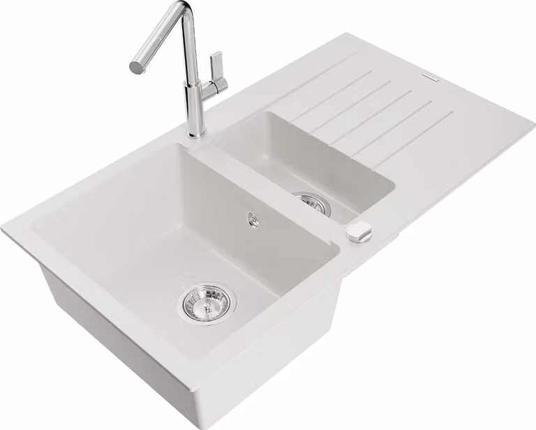 Mexen Matias lavello in granito 1,5 vasche con scolapiatti e miscelatore Flora, bianco - 6502-20-670401-00
