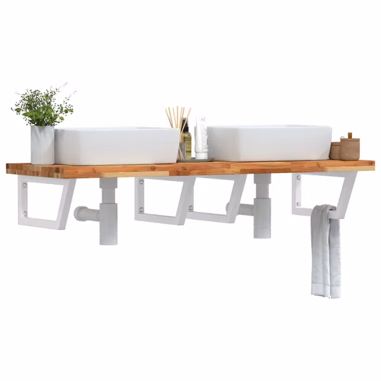 vidaXL Ripiano a Parete per Lavabo in Acciaio e Legno di Acacia Oliato, Bianco e Marrone