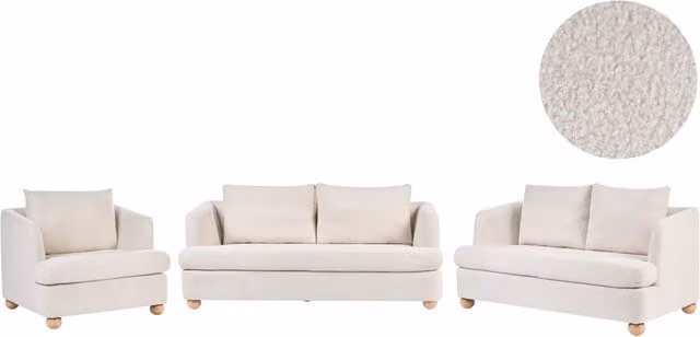 Set da salotto Beliani a 6 posti in tessuto bouclé bianco con divani e poltrona in stile scandinavo e gambe in legno oliato – 1