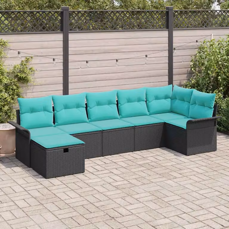 Set Divano da Giardino vidaXL 7 Pezzi a Forma di L con Cuscini, Colore Nero e Turchese
