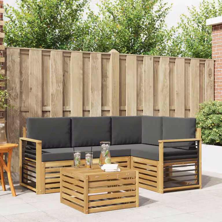 Set di divani da esterno vidaXL 5 pezzi a forma di L con tavolino da caffè, in legno di acacia e tessuto resistente ai raggi UV, Bianco e Antracite