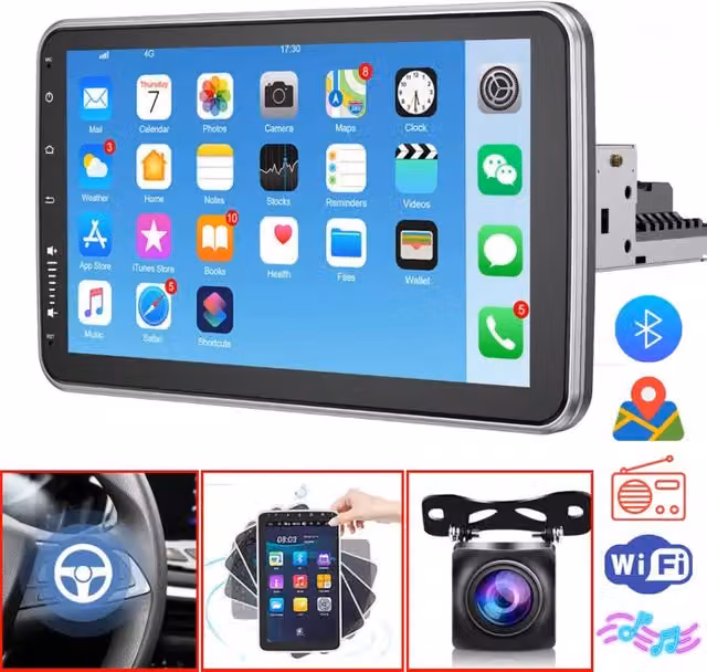 Autoradio Android 1 Din DE ROSA con schermo touch da 10,1 Pollici, Carplay Wireless, Bluetooth, WiFi, GPS e USB, Colore Nero