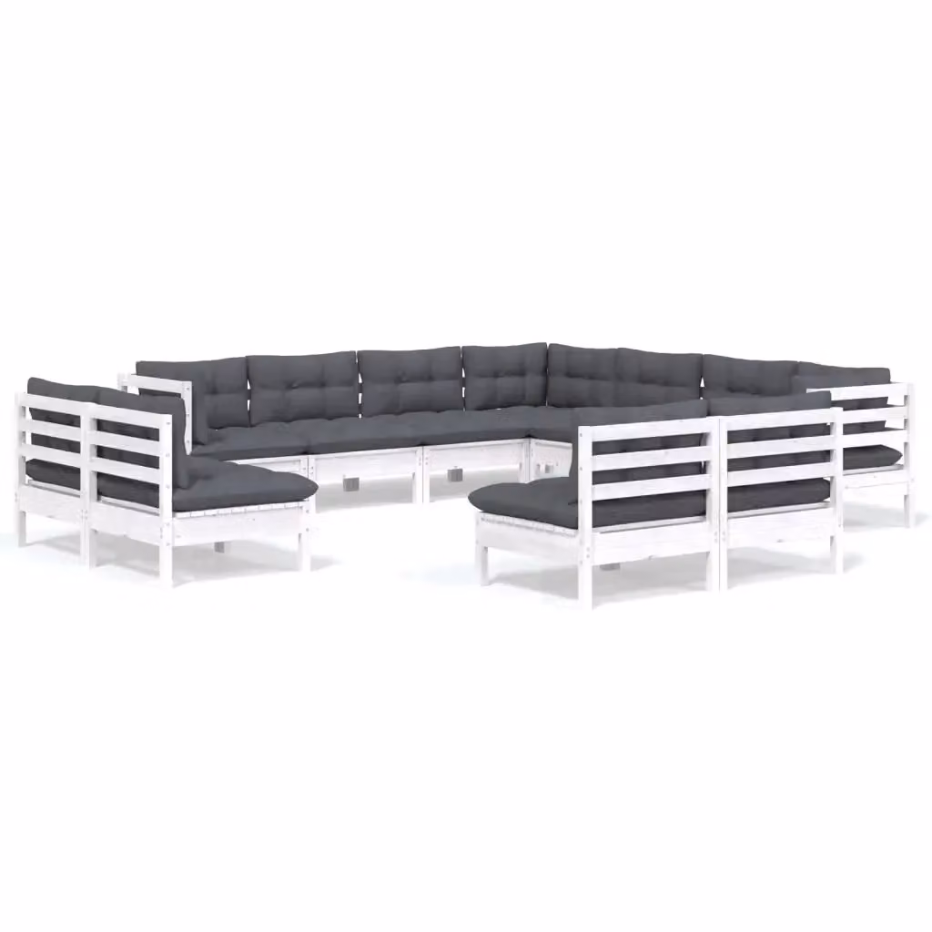 Set di divani da giardino vidaXL a forma di U composto da 11 pezzi in legno di pino con cuscini bianchi e antracite – 2