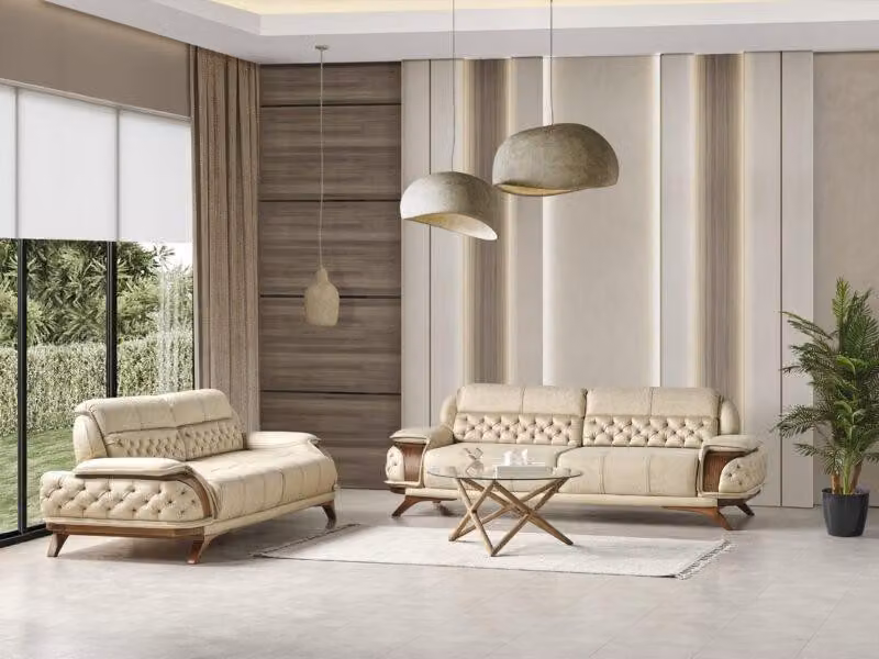 Moderne Beige Wohnzimmer Textil Couchgarnitur Designer Polstersofas