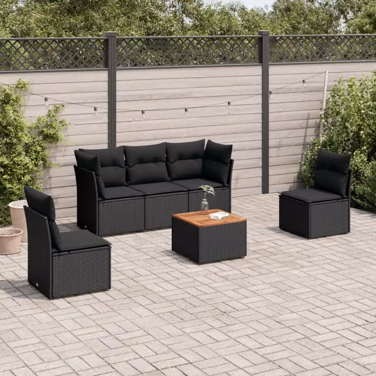 vidaXL Set Divano da Giardino a L in Polyrattan Nero con Cuscini e Tavolino da Esterno 6 pz