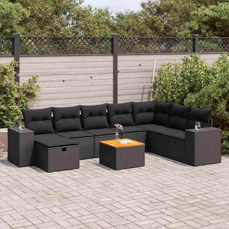 Set di divani da giardino vidaXL in polyrattan nero con cuscini, componibile a forma di U per esterno