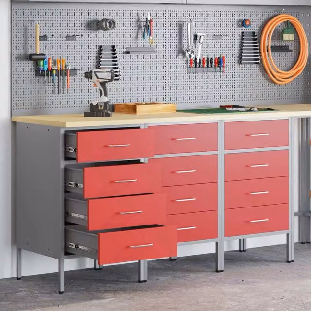 Set di 3 mobili da lavoro vidaXL in acciaio e legno, Rosso e Grigio, L: 150 cm, P: 55 cm, H: 85 cm – 1