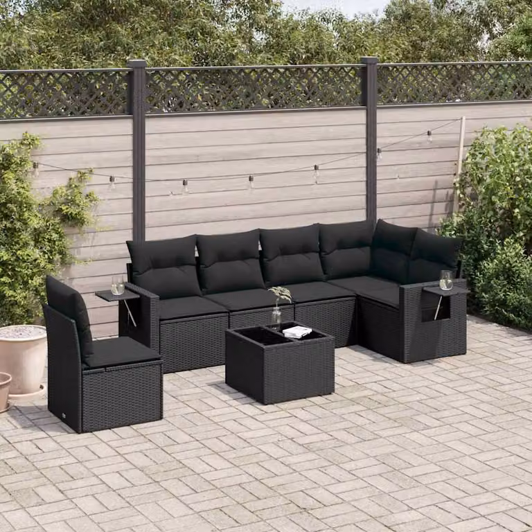 Set di Divani da Giardino vidaXL a Forma di L in Polyrattan Nero con 7 Pezzi e Cuscini Inclusi