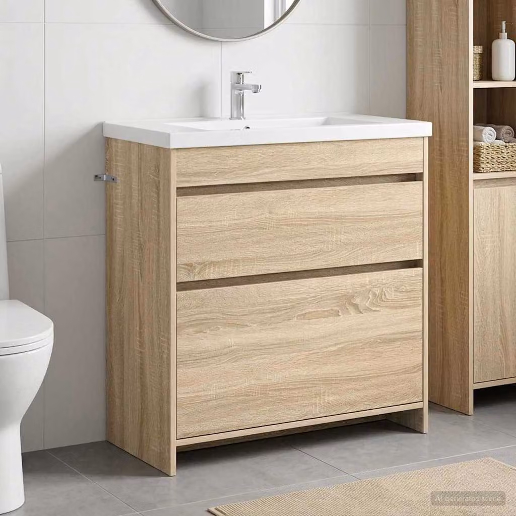 Mobiletto da Bagno Sotto Lavabo Moderno vidaXL in Rovere Sonoma, Marrone, L: 81,0 cm, P: 37,5 cm, H: 78,5 cm