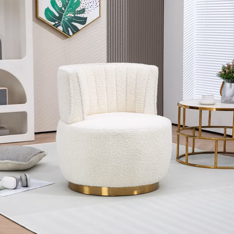 okwish Poltrona girevole, moderna poltrona girevole a 360°, poltrona girevole rotonda, morbida superficie in tessuto teddy, comodo schienale, poltrona da salotto, stile a secchiello bianco
