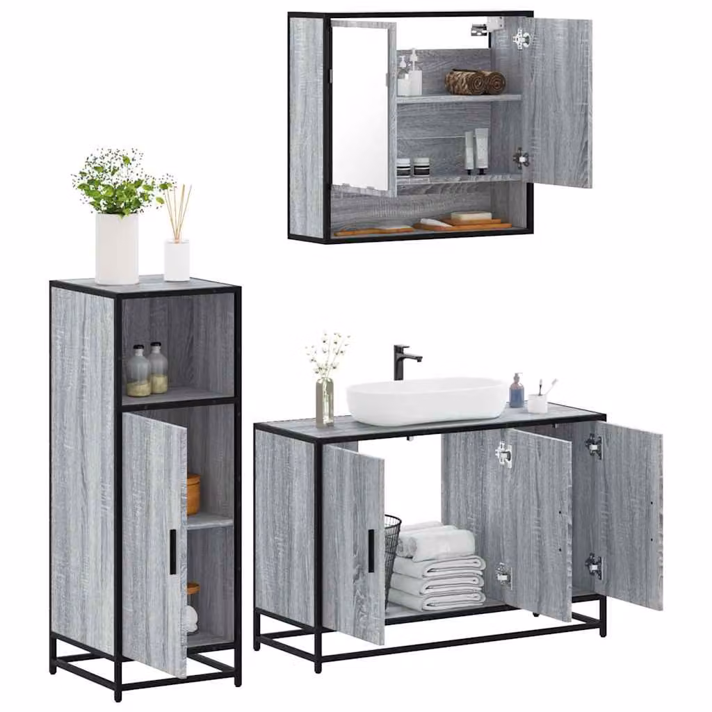 Set di mobili da bagno industrial vidaXL in 3 pezzi grigio con legno, metallo e vetro, L/P/H: 90 x 33 x 60 cm