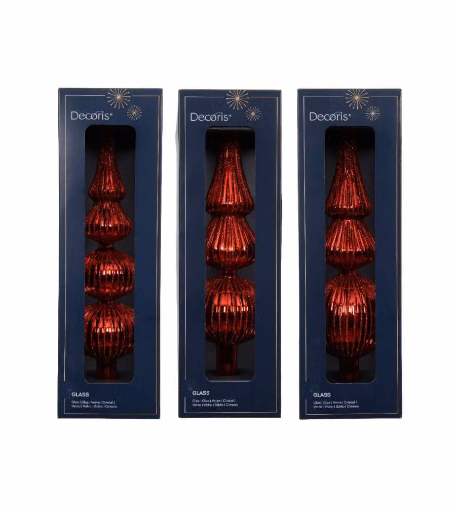 Decoris Puntale per Alberi in Vetro - Rosso con Glitter - 7,2x31 cm