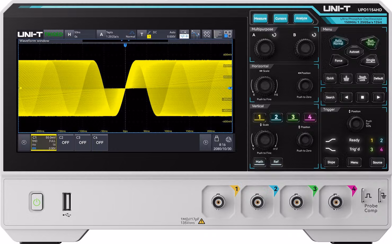 Oscilloscopio UNI-T UPO1154HD, 4 canali, 1,25 GS/s, 150 MHz