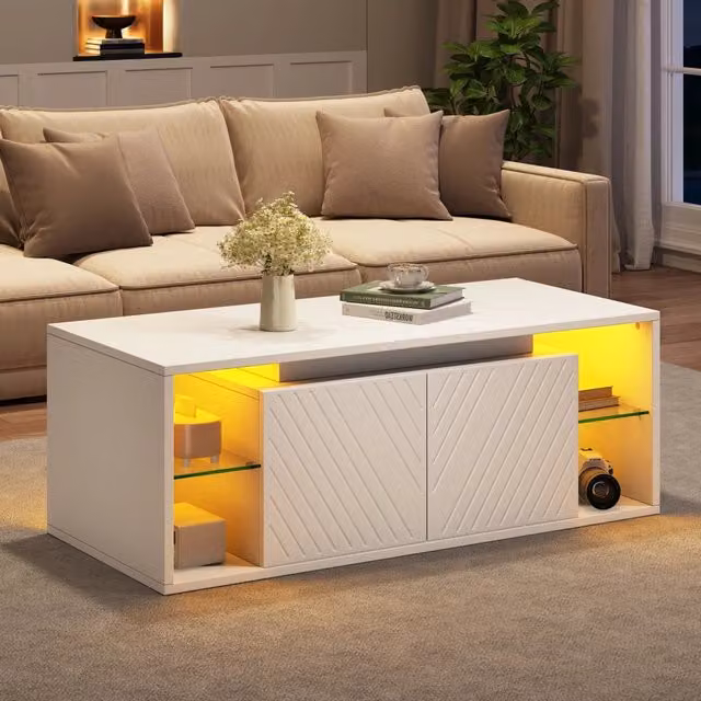Tavolino da Caffè Bianco 100x50x41 cm in Truciolato con Illuminazione LED, 2 Ante e Ripiano Semiaperto, Portata 30 kg per Soggiorno